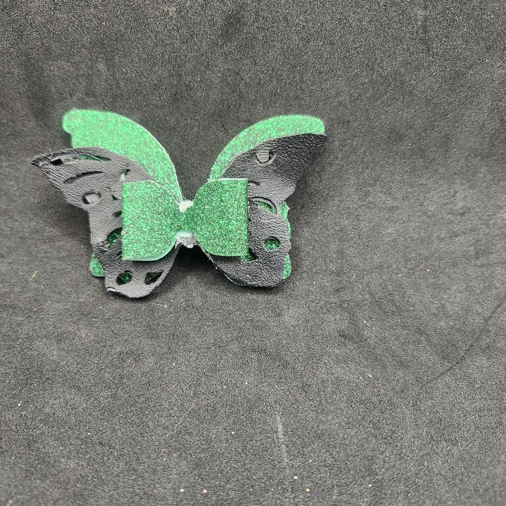 Hand Crafted Green and Black Butterfly Hair Bow Barette Clip Faux Leather